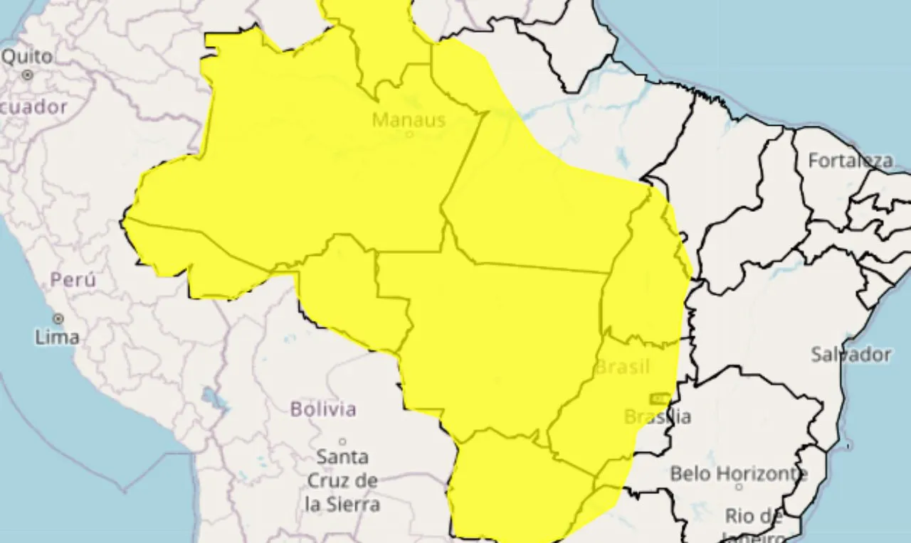 O mapa mostra as áreas em alerta para chuva intensa e ventos
